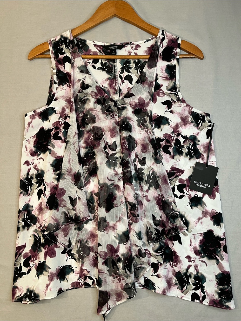 Simply Vera Vera Wang White Floral Sleeveless V-Neck Top w/ Plum & Black NWT S